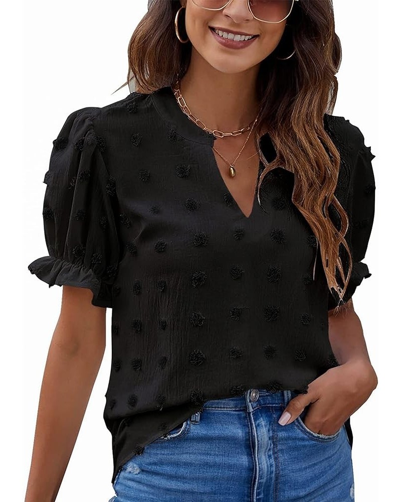 Womens Puff Sleeve Summer Tops Chiffon Short Sleeve Blouses White V Neck Pom Pom Shirts Black $11.39 Blouses