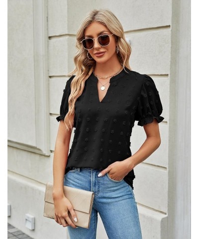 Womens Puff Sleeve Summer Tops Chiffon Short Sleeve Blouses White V Neck Pom Pom Shirts Black $11.39 Blouses