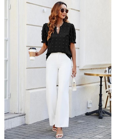 Womens Puff Sleeve Summer Tops Chiffon Short Sleeve Blouses White V Neck Pom Pom Shirts Black $11.39 Blouses