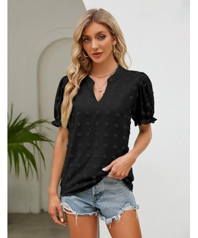 Womens Puff Sleeve Summer Tops Chiffon Short Sleeve Blouses White V Neck Pom Pom Shirts Black $11.39 Blouses