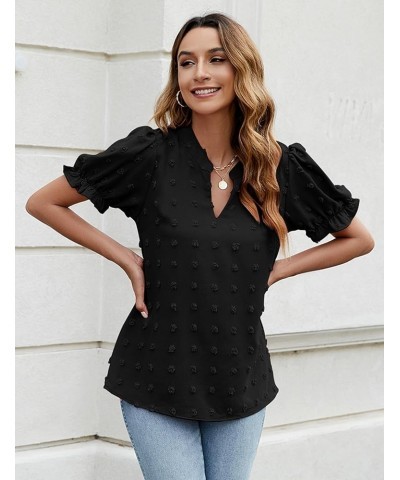 Womens Puff Sleeve Summer Tops Chiffon Short Sleeve Blouses White V Neck Pom Pom Shirts Black $11.39 Blouses