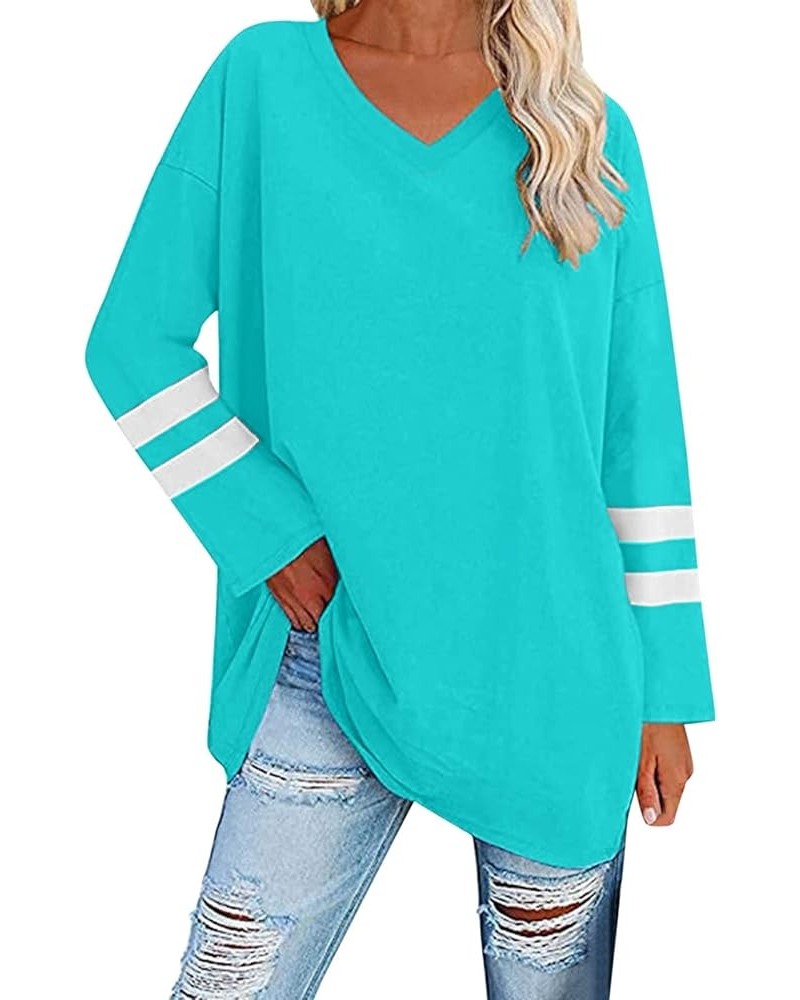 Womens Long Sleeve Tops, Oversized Striped Print Solid T-Shirts V Neck Workout Fashion Drop Shoulder Causal Loose Fit Blouse ...