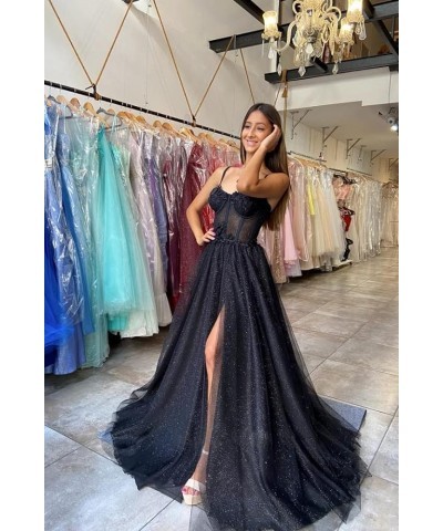 Glitter Tulle Prom Dresses 2023 Long Spaghetti Straps Lace Appliques Sweetheart Flowers Evening Party Gowns with Slit Peacock...