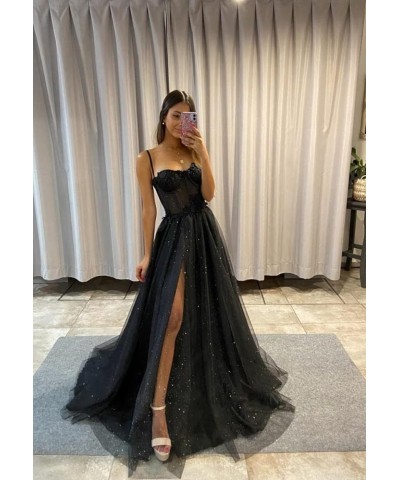 Glitter Tulle Prom Dresses 2023 Long Spaghetti Straps Lace Appliques Sweetheart Flowers Evening Party Gowns with Slit Peacock...