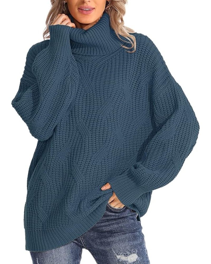 Womens Turtleneck Oversized Sweaters Chunky Cable Knit Soft Winter Long Sleeve Pullover Sweaters Dark Blue $25.36 Sweaters