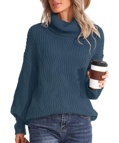 Womens Turtleneck Oversized Sweaters Chunky Cable Knit Soft Winter Long Sleeve Pullover Sweaters Dark Blue $25.36 Sweaters