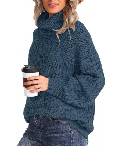 Womens Turtleneck Oversized Sweaters Chunky Cable Knit Soft Winter Long Sleeve Pullover Sweaters Dark Blue $25.36 Sweaters