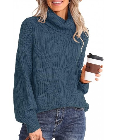 Womens Turtleneck Oversized Sweaters Chunky Cable Knit Soft Winter Long Sleeve Pullover Sweaters Dark Blue $25.36 Sweaters