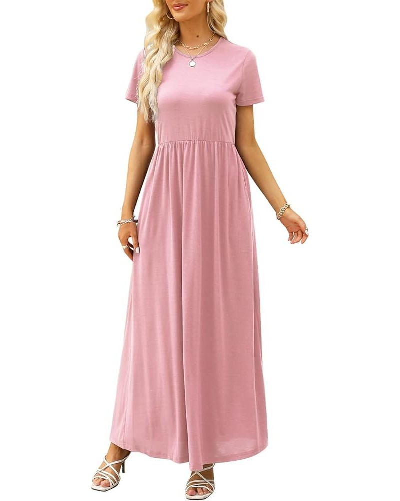 Womens Short Sleeve Summer Casual Dress Loose Flowy Maxi Dresses with Pocket MY122 Pink $19.74 Dresses