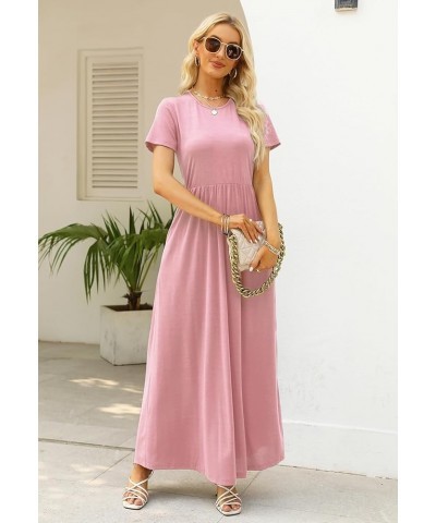 Womens Short Sleeve Summer Casual Dress Loose Flowy Maxi Dresses with Pocket MY122 Pink $19.74 Dresses