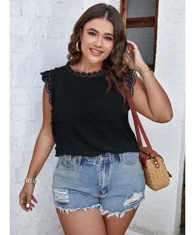 Women Plus Size Tank Tops Cute Summer Sleeveless Blouses Lace Trim Cap Sleeve Crewneck Swiss Dot Babydoll Tops Black $8.54 Tanks