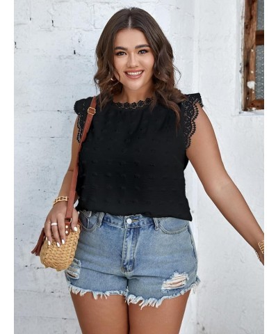 Women Plus Size Tank Tops Cute Summer Sleeveless Blouses Lace Trim Cap Sleeve Crewneck Swiss Dot Babydoll Tops Black $8.54 Tanks