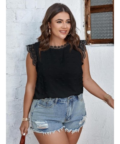 Women Plus Size Tank Tops Cute Summer Sleeveless Blouses Lace Trim Cap Sleeve Crewneck Swiss Dot Babydoll Tops Black $8.54 Tanks