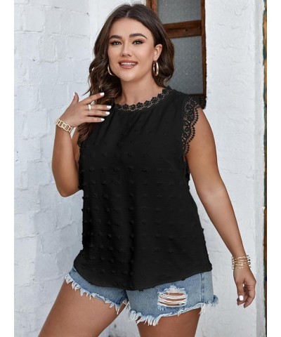 Women Plus Size Tank Tops Cute Summer Sleeveless Blouses Lace Trim Cap Sleeve Crewneck Swiss Dot Babydoll Tops Black $8.54 Tanks