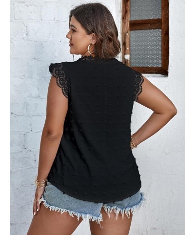 Women Plus Size Tank Tops Cute Summer Sleeveless Blouses Lace Trim Cap Sleeve Crewneck Swiss Dot Babydoll Tops Black $8.54 Tanks