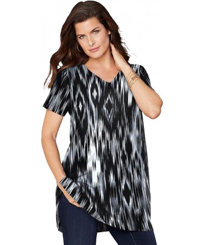 Women's Plus Size Short-Sleeve V-Neck Ultimate Tunic Long T-Shirt Tee Tops 100% Cotton Black Ikat Diamonds $13.82 Tops