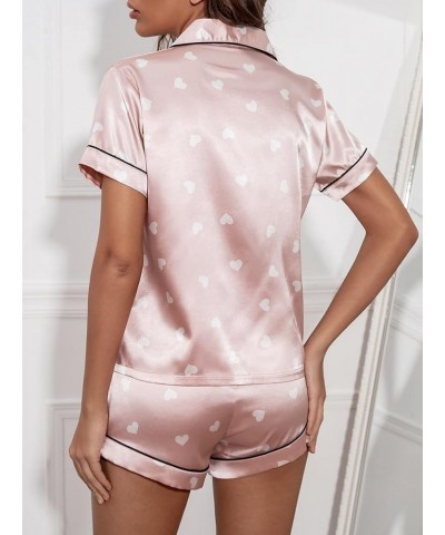 Women's Satin Sleepwear Short Sleeve Button Shirt and Shorts Pajama Set Silky PJ Heart Pink $18.71 Sleep & Lounge