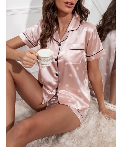 Women's Satin Sleepwear Short Sleeve Button Shirt and Shorts Pajama Set Silky PJ Heart Pink $18.71 Sleep & Lounge