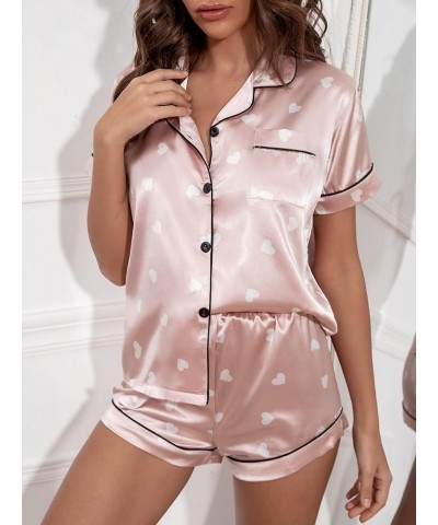 Women's Satin Sleepwear Short Sleeve Button Shirt and Shorts Pajama Set Silky PJ Heart Pink $18.71 Sleep & Lounge