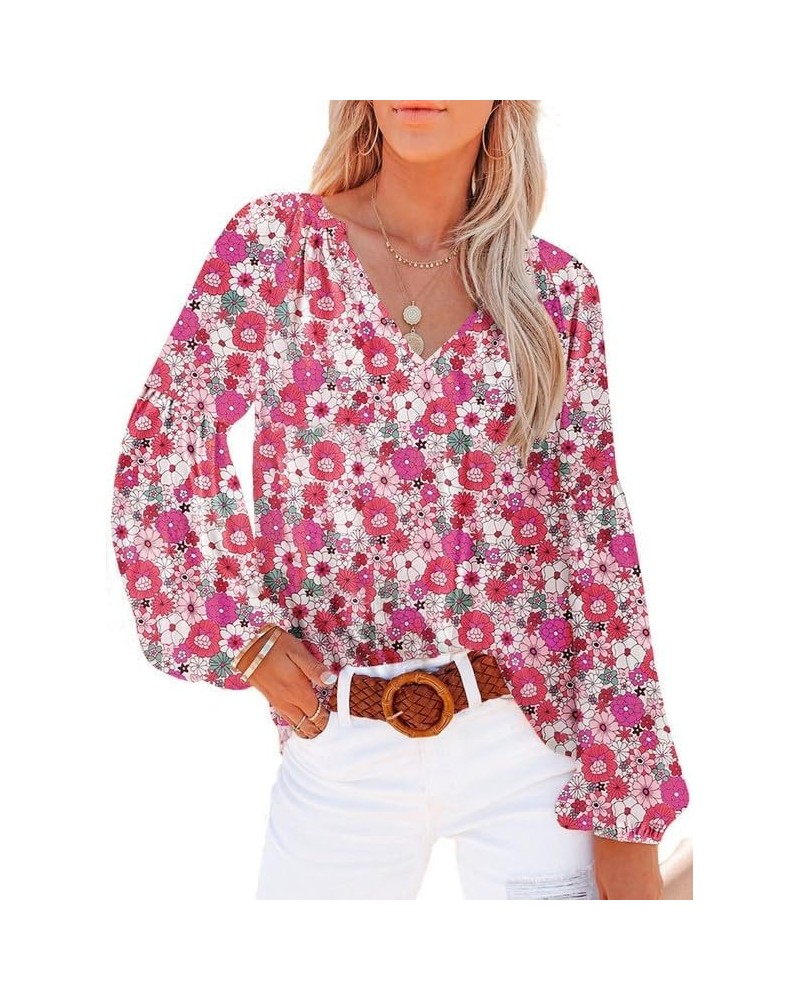 Women's Casual Boho Floral Print V Neck Long Sleeve Loose Blouses Shirts Tops 2 New Floral Rose $13.46 Blouses