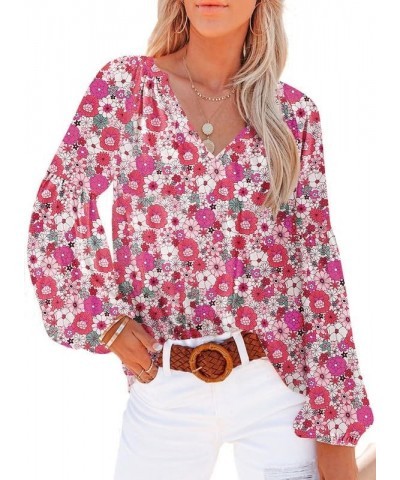 Women's Casual Boho Floral Print V Neck Long Sleeve Loose Blouses Shirts Tops 2 New Floral Rose $13.46 Blouses