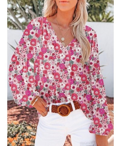 Women's Casual Boho Floral Print V Neck Long Sleeve Loose Blouses Shirts Tops 2 New Floral Rose $13.46 Blouses