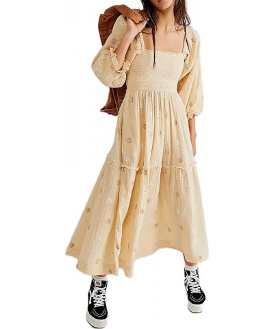 Women's Flower Embroidered Maxi Dress Lantern Sleeve Square Neck Tiered Flowy Spring Fall Dress Apricot $16.19 Dresses