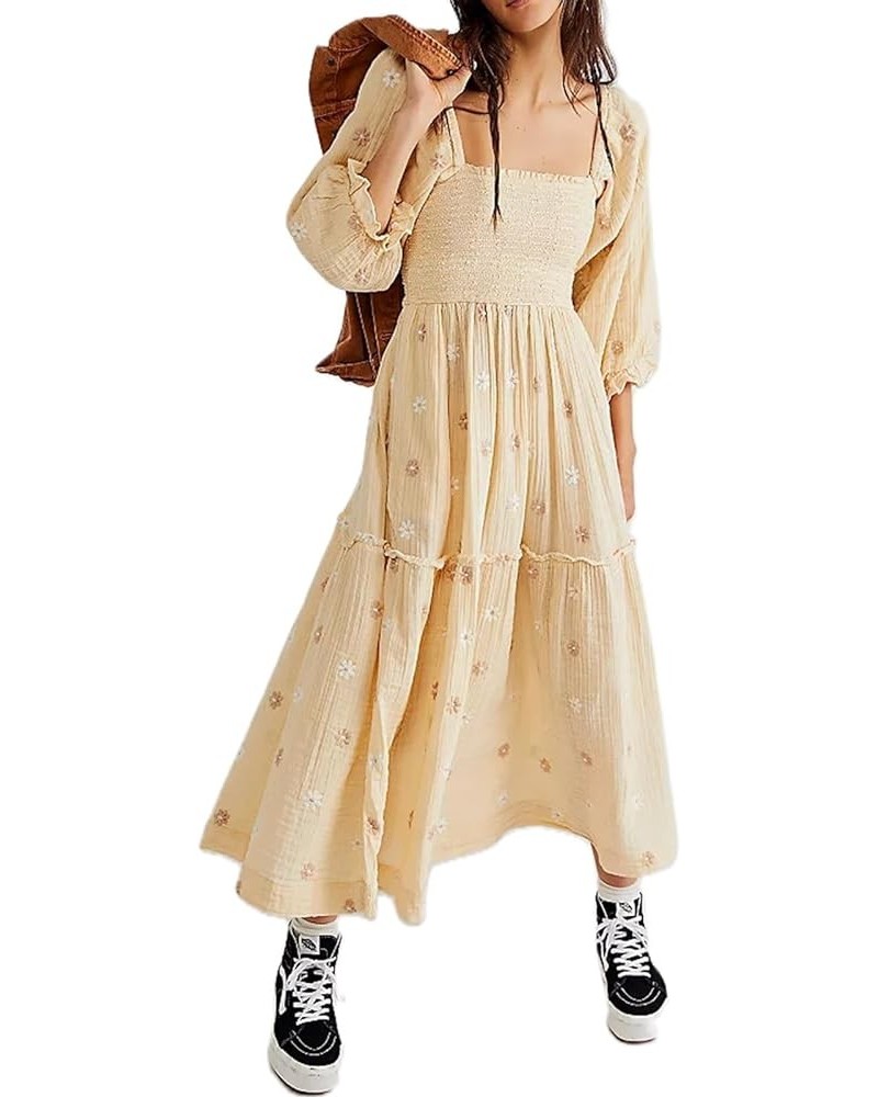 Women's Flower Embroidered Maxi Dress Lantern Sleeve Square Neck Tiered Flowy Spring Fall Dress Apricot $16.19 Dresses