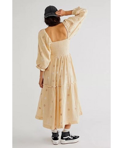 Women's Flower Embroidered Maxi Dress Lantern Sleeve Square Neck Tiered Flowy Spring Fall Dress Apricot $16.19 Dresses