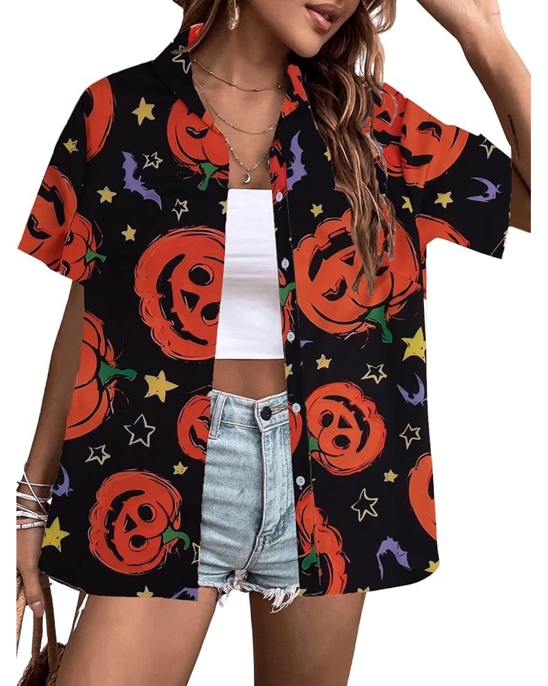 Hawaiian Shirts for Women Floral Leaves Printed Shirt Tropical Button Down Tops Summer Beach Blouse Black-1 $13.99 Blouses