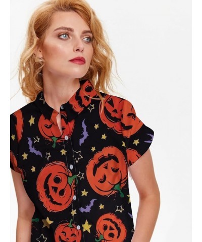 Hawaiian Shirts for Women Floral Leaves Printed Shirt Tropical Button Down Tops Summer Beach Blouse Black-1 $13.99 Blouses