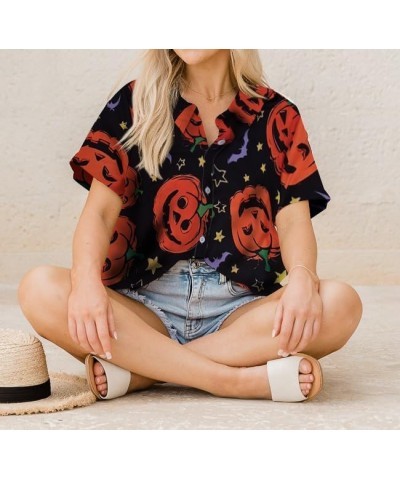 Hawaiian Shirts for Women Floral Leaves Printed Shirt Tropical Button Down Tops Summer Beach Blouse Black-1 $13.99 Blouses