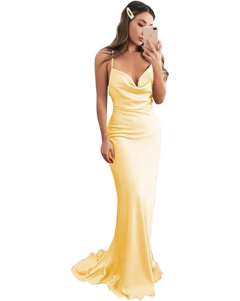 Cowl Neck Mermaid Silk Bridesmaid Dresses Long Spaghetti Straps Simple Wedding Dress Formal Prom Gowns Yellow $36.75 Dresses