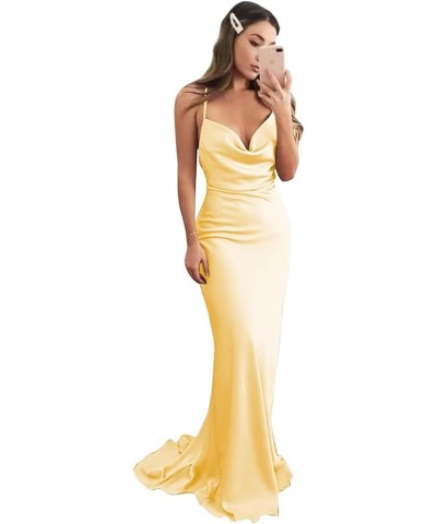 Cowl Neck Mermaid Silk Bridesmaid Dresses Long Spaghetti Straps Simple Wedding Dress Formal Prom Gowns Yellow $36.75 Dresses