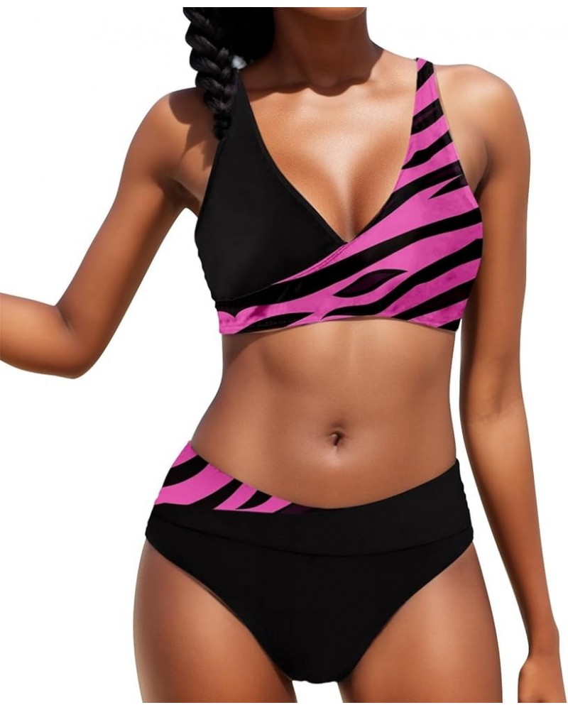 High Waisted Bikini Sets for Women 2 Piece Tankini Tops Swimwear Tankini Tops Push Up with Bikini Bottoms C-hot Pink $10.89 S...