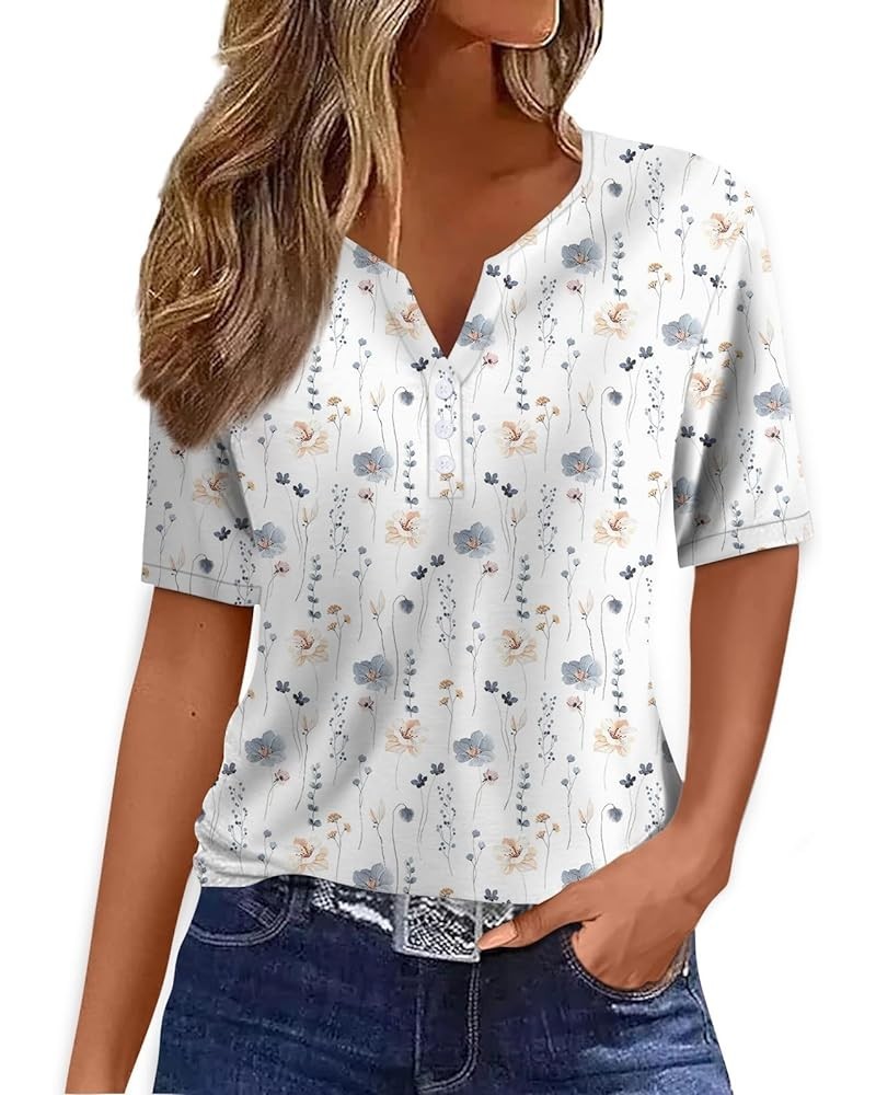 Women's T-Shirts Dressy Button Down Tunic Y2K Tops Short Sleeve Floral Print Blouses Henley V Neck Summer Cute Clothes An737-...