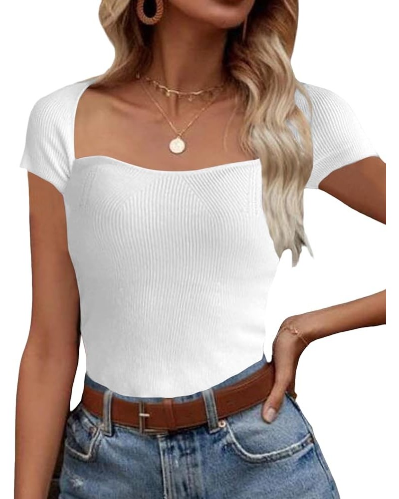 Women's Rib Knit Sweetheart Neck Short Sleeve Tee Shirt Blouse Top White $12.47 T-Shirts