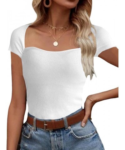 Women's Rib Knit Sweetheart Neck Short Sleeve Tee Shirt Blouse Top White $12.47 T-Shirts