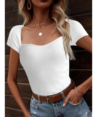 Women's Rib Knit Sweetheart Neck Short Sleeve Tee Shirt Blouse Top White $12.47 T-Shirts