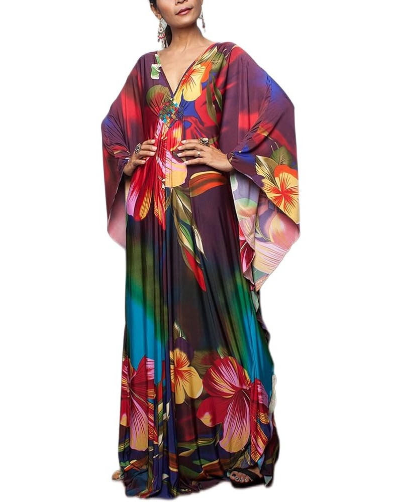 Kaftan Dresses for Women Wave Neck Swimsuit Cover Up Caftan Dress Plus Size Oversized Long Beach Dress C-colorful Flower $19....