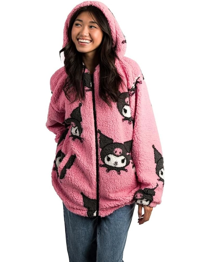 Kuromi Oversized Faux Shearling Zip-Front Hoodie Pink $33.79 Jackets