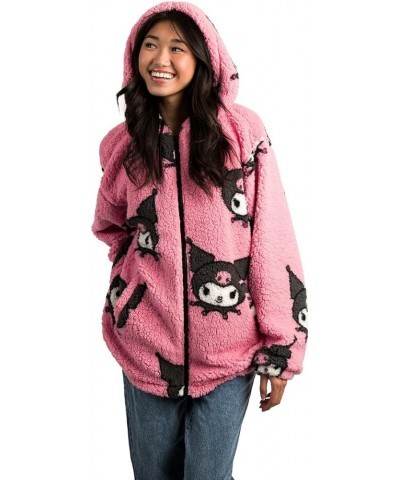 Kuromi Oversized Faux Shearling Zip-Front Hoodie Pink $33.79 Jackets