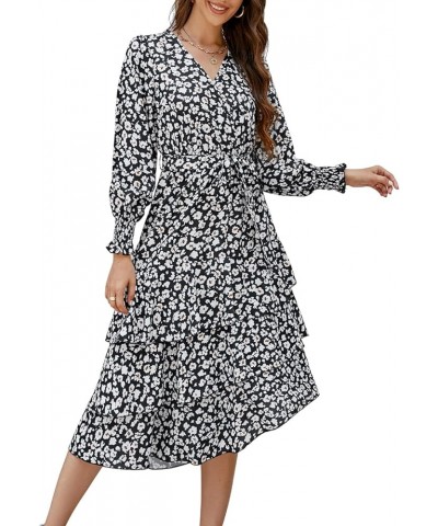 Women's Fall Long Sleeve Midi Dress Wrap V Neck Boho Floral Print Ruffle Tiered High Waist Flowy Long Dress with Belt Black $...