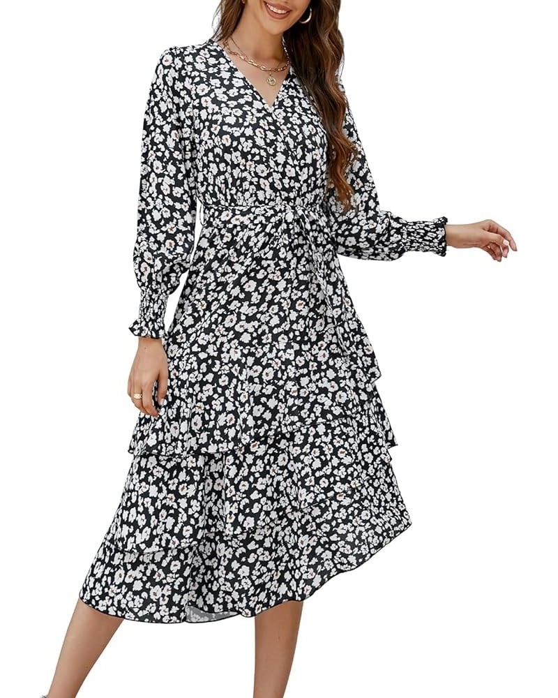 Women's Fall Long Sleeve Midi Dress Wrap V Neck Boho Floral Print Ruffle Tiered High Waist Flowy Long Dress with Belt Black $...