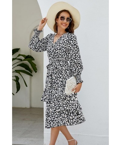 Women's Fall Long Sleeve Midi Dress Wrap V Neck Boho Floral Print Ruffle Tiered High Waist Flowy Long Dress with Belt Black $...