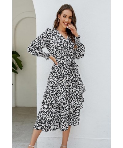 Women's Fall Long Sleeve Midi Dress Wrap V Neck Boho Floral Print Ruffle Tiered High Waist Flowy Long Dress with Belt Black $...