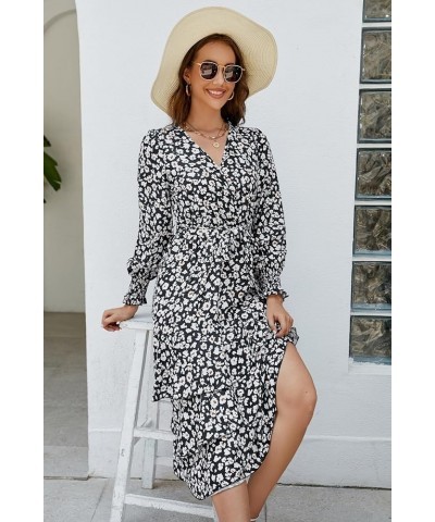 Women's Fall Long Sleeve Midi Dress Wrap V Neck Boho Floral Print Ruffle Tiered High Waist Flowy Long Dress with Belt Black $...