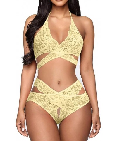 Women Lingerie Set 2 Piece Lace Bralette and Panty Set Teddy Bodysuit Underwear Strappy Lace Valentine's Day Lingerie Yellow ...