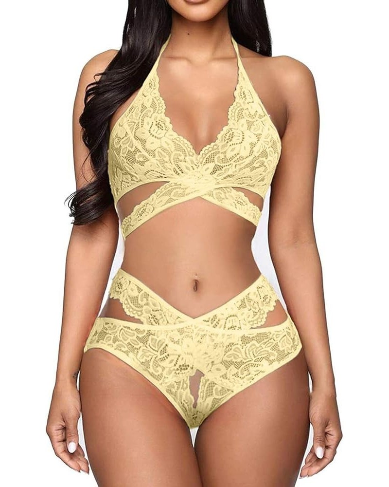 Women Lingerie Set 2 Piece Lace Bralette and Panty Set Teddy Bodysuit Underwear Strappy Lace Valentine's Day Lingerie Yellow ...