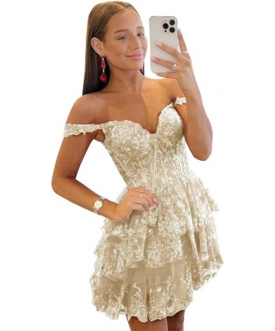 Off The Shoulder Homecoming Dresses Short Sparkly Prom Dress for Teens Tulle Tired Formal Cocktail Gown Champagne $33.65 Dresses